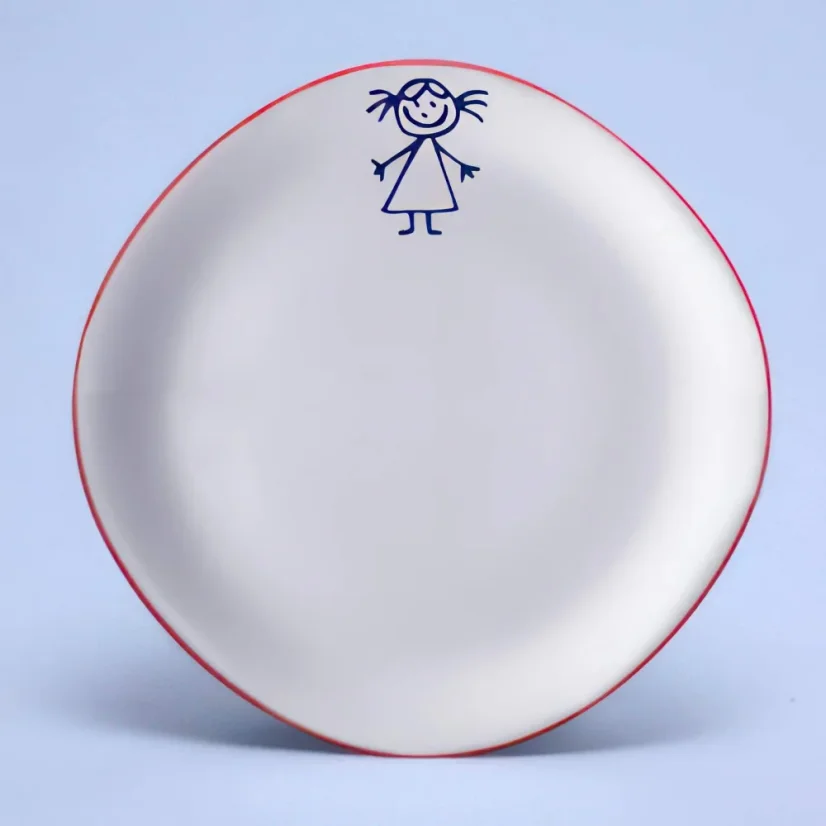 Talíř dezertní - holčička, červený lem, 19 cm, Dětský dekor Kamarádi 